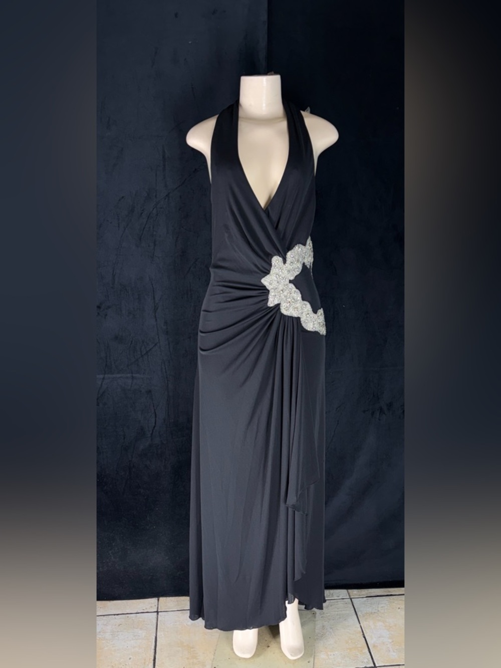 Black Halter Maxi Dress with Silver Crystal Applique
